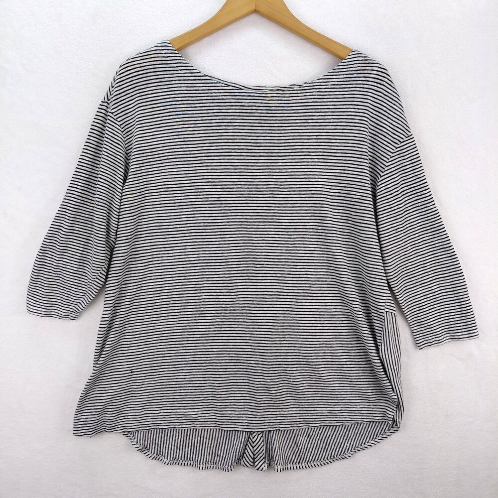 Adrienne Vittadini Womens Linen Shirt 1X Black Stripe Boat Neck 3/4 Sleeve Tunic